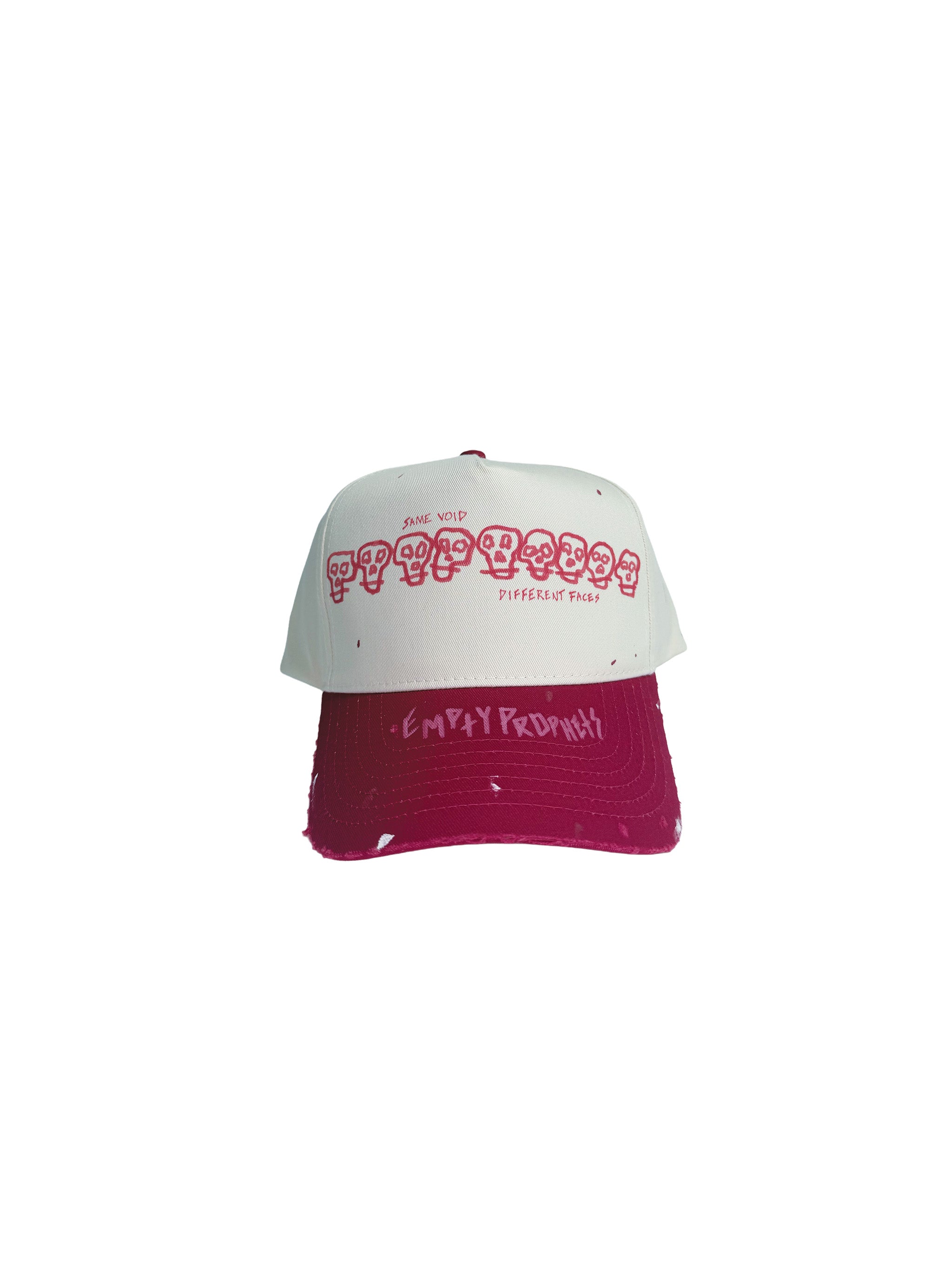 A Band of Skull brothers, hand drawn on the front, with a staggered empty prophets on the brim. Hand Distressed and Hand painted. 