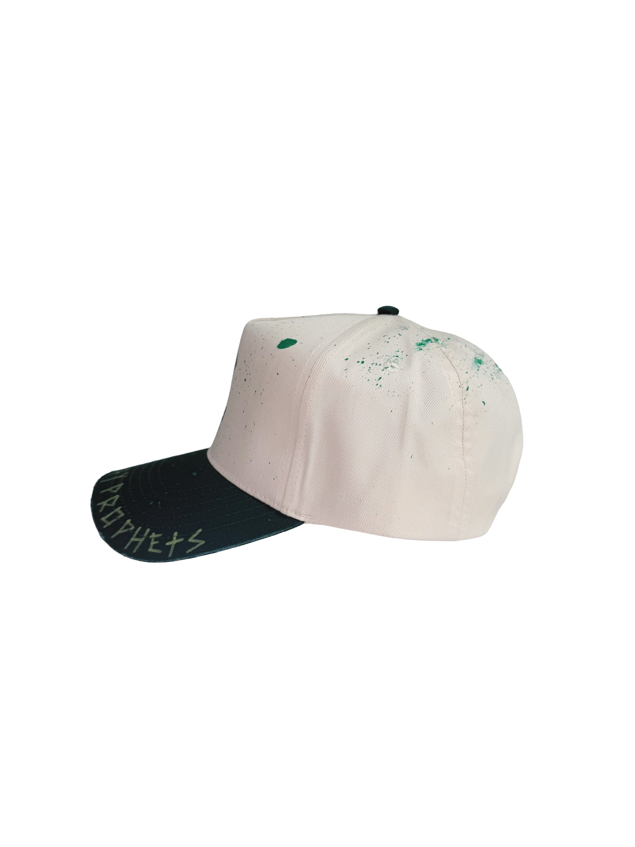 Splattered Green paint throughout the hat, Carolina Blue hand drawn gothic "E" on front. Hand Distressed. 