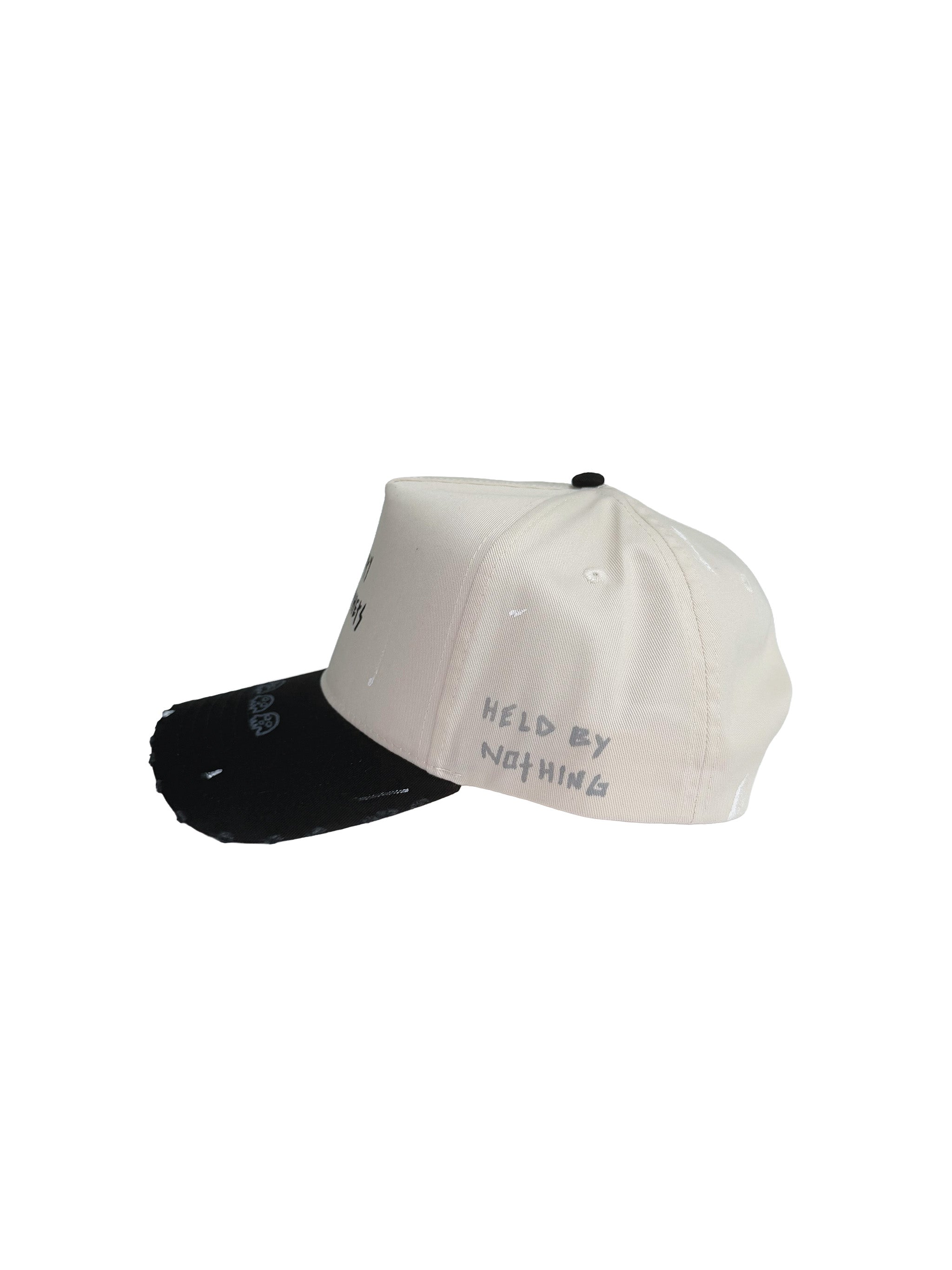 Snapback with a structured crown and a black brim, featuring the text 'EMPTY PROPHETS' in black on the front with 4 hand drawn skulls on the brim