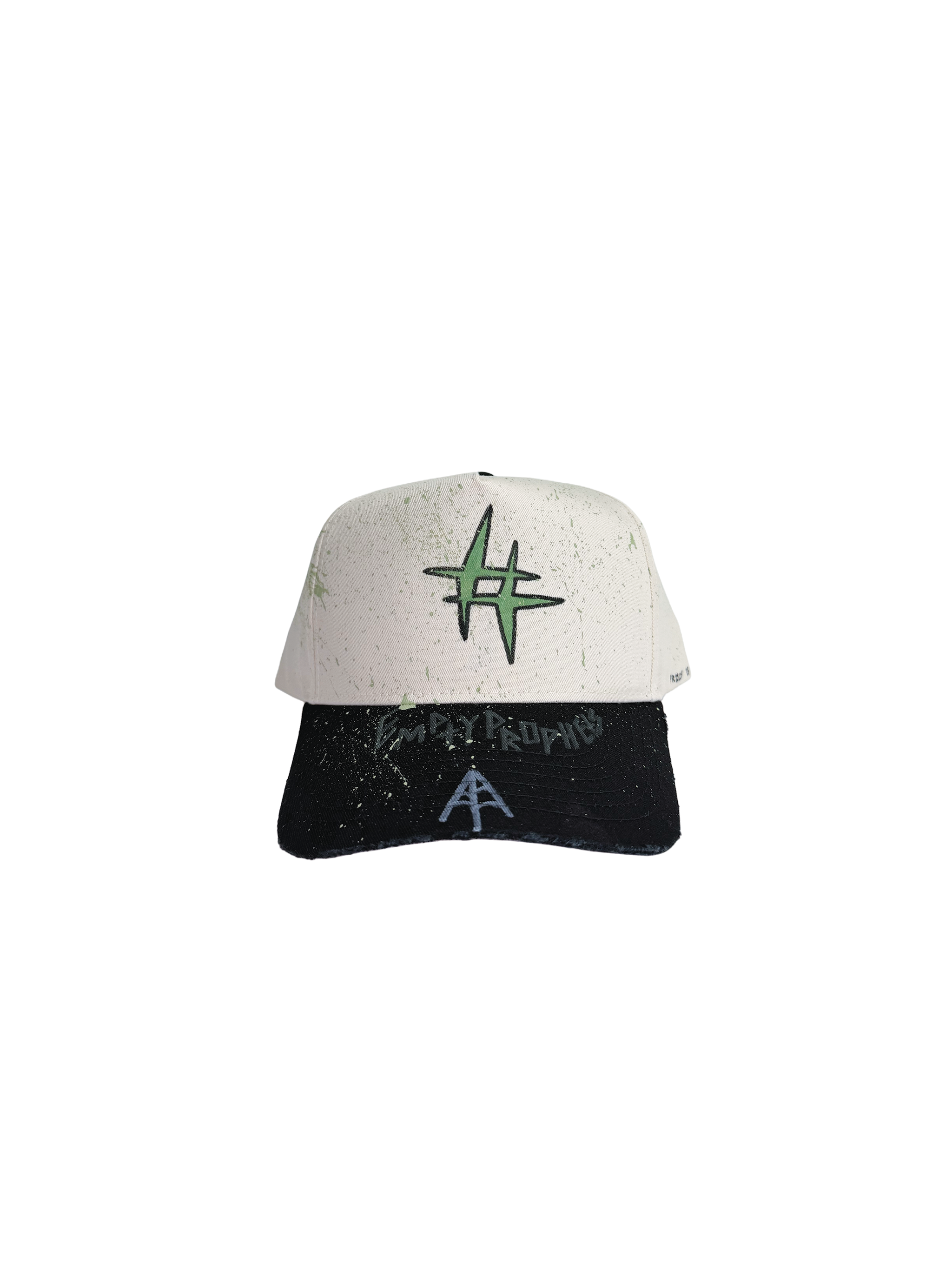 A distressed snapback cap with a white crown, a black brim, and a green prophet star logo on the front