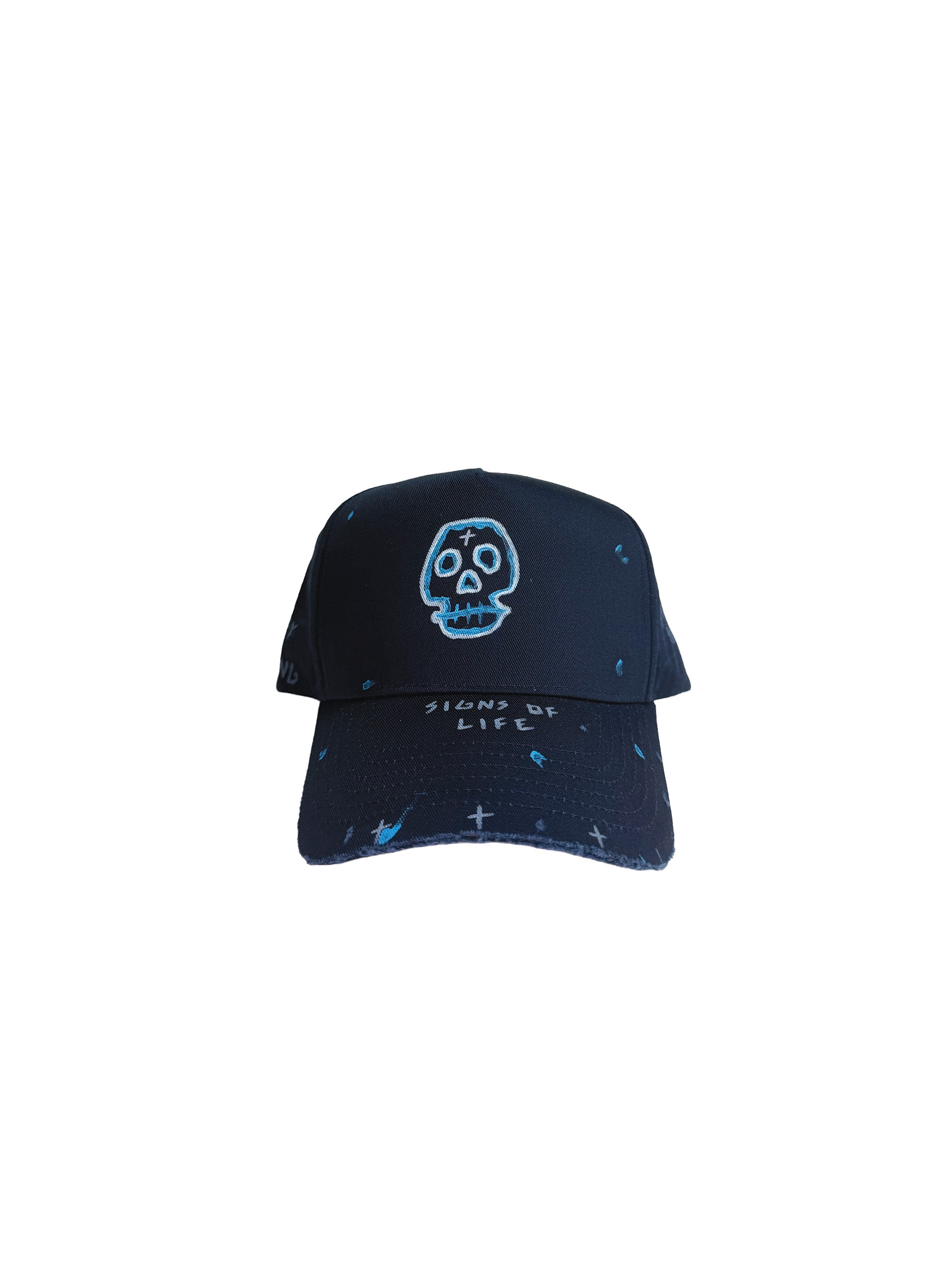Signs of Life Navy Blue Snapback Hat with a hand drawn Skull on Front, Signs of Life on brim, hand distressed and hand painted