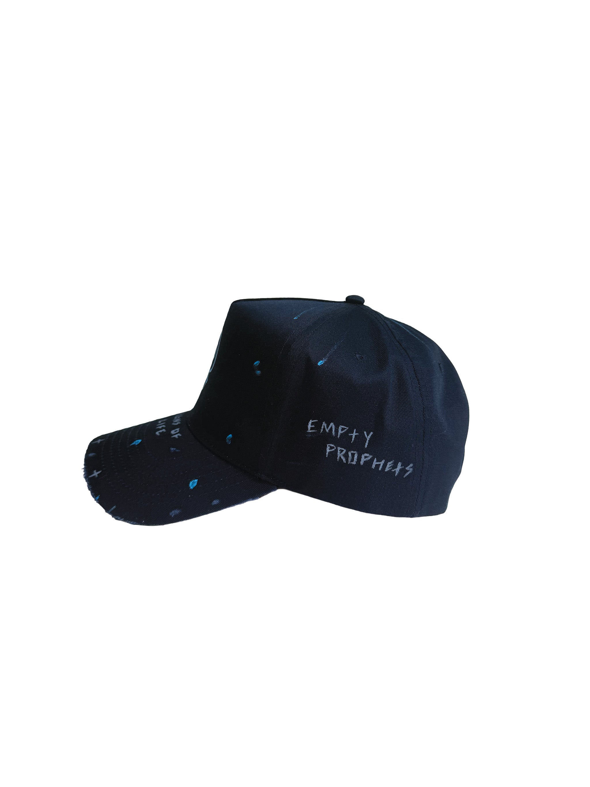 Signs of Life Navy Blue Snapback Hat with a hand drawn Skull on Front, Signs of Life on brim, hand distressed and hand painted