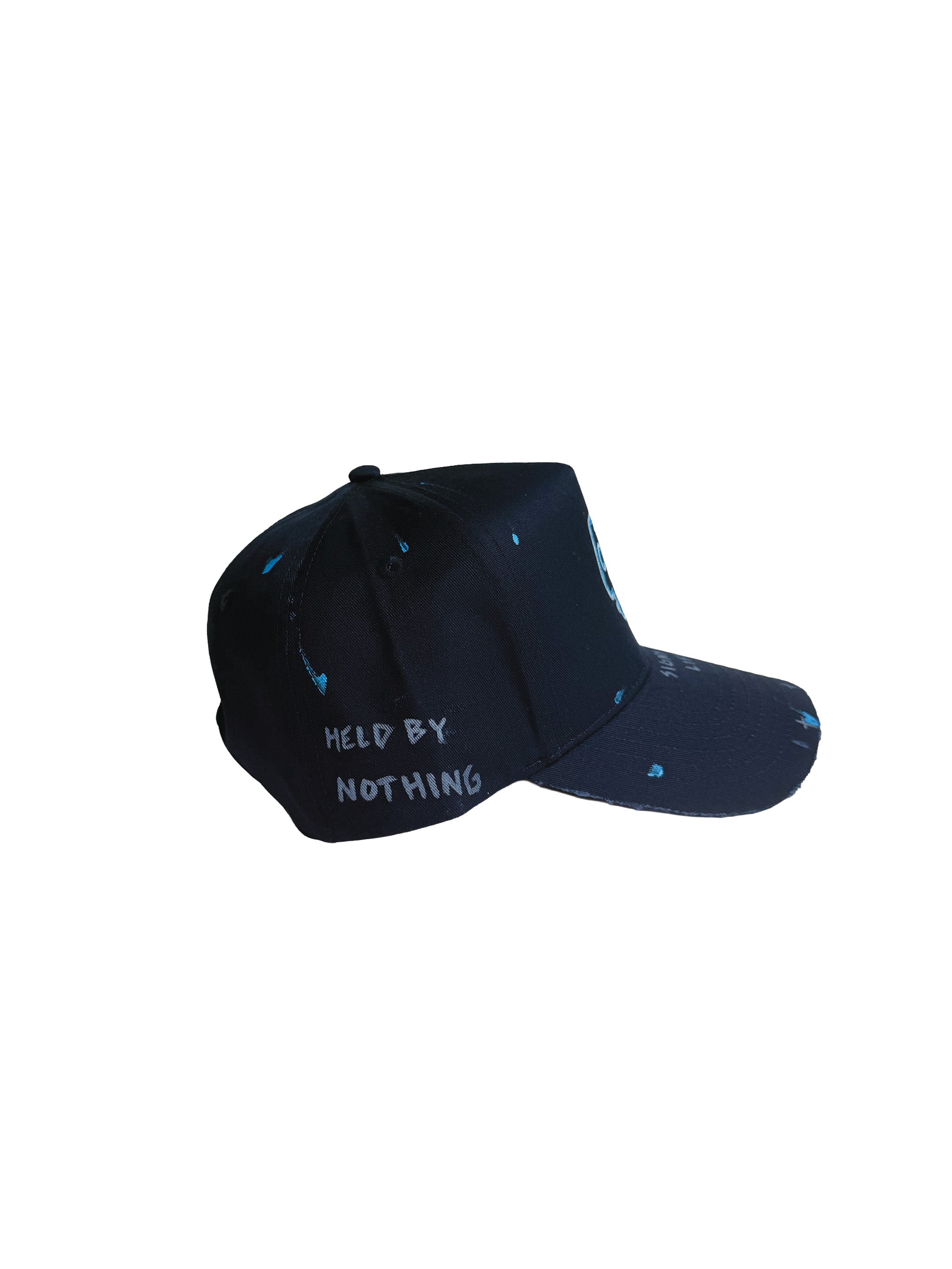 Signs of Life Navy Blue Snapback Hat with a hand drawn Skull on Front, Signs of Life on brim, hand distressed and hand painted